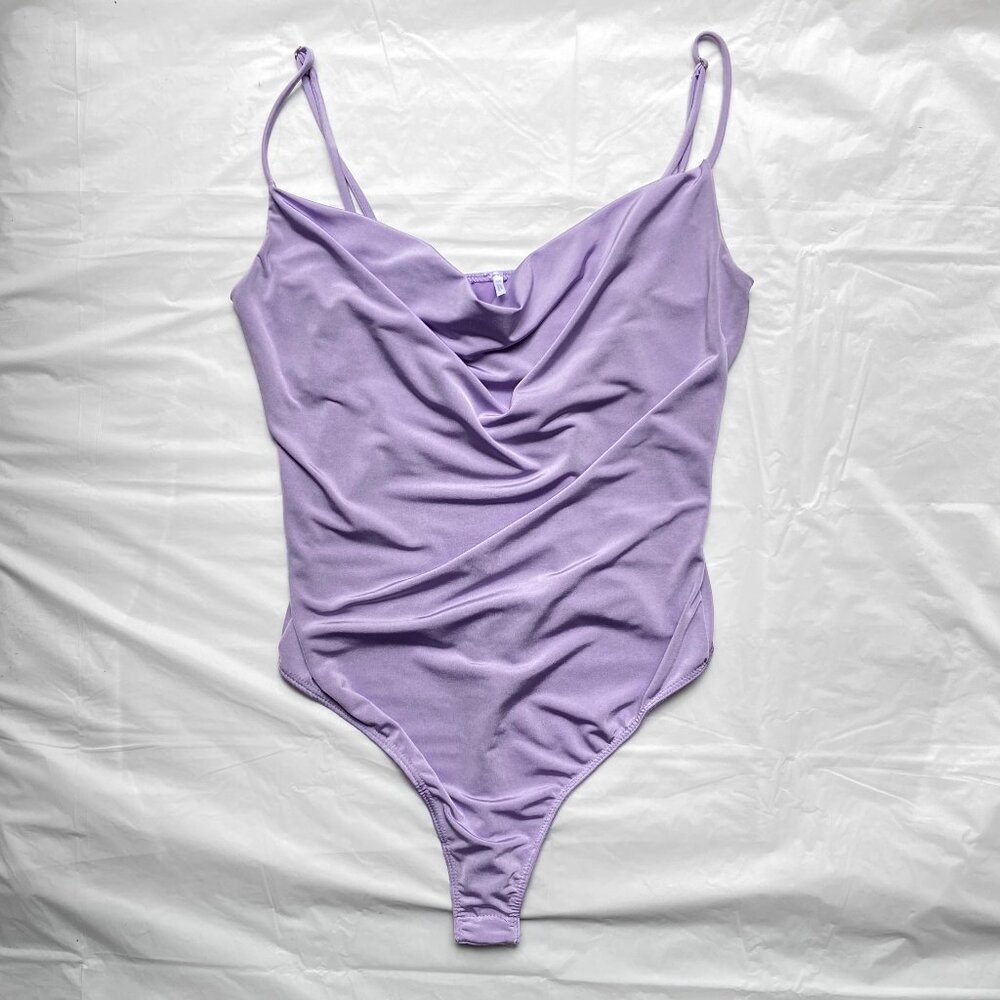 urban outfitters out from under purple satin cowl neck thong bodysuit